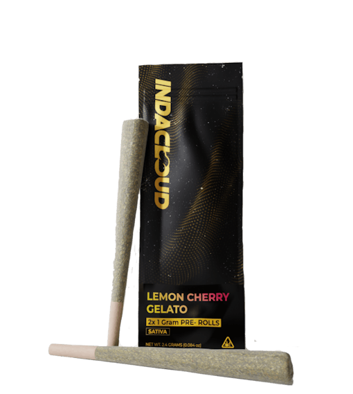 2 1g Lemon Cherry Gelato pre-rolled joints sit against the packaging for IndaCloud's 2x 1g THCA pre-rolls product